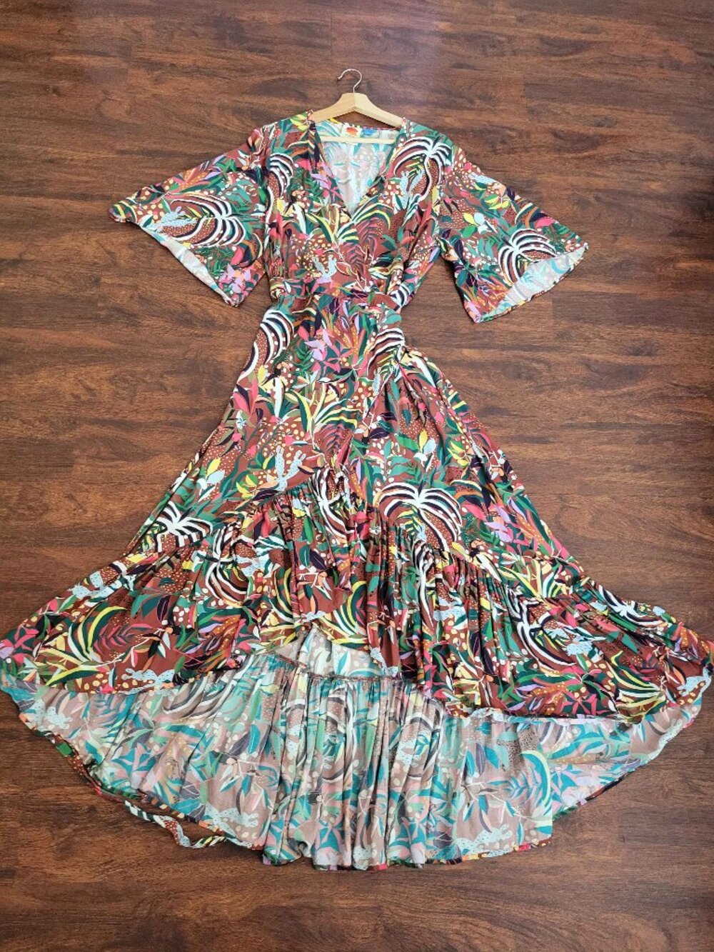 Farm Rio Fiesta Wrap Maxi Dress Ruffled Hem Tropical Amazonian Flair Vacation XL